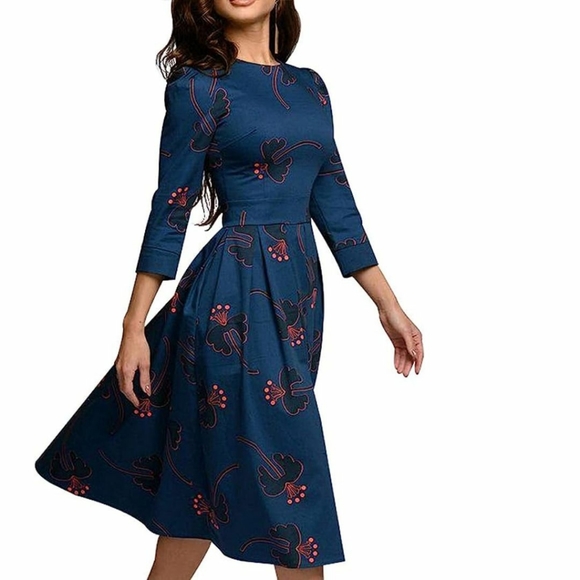 Women's Floral Evening Flare Vintage Midi Dress 3/4 Sleeve with Pockets - Picture 7 of 15
